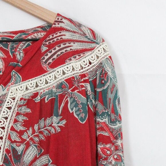 Loft Floral Long Sleeve Blouse with Lace Accents - Small, Red and Teal - Picture 2 of 8
